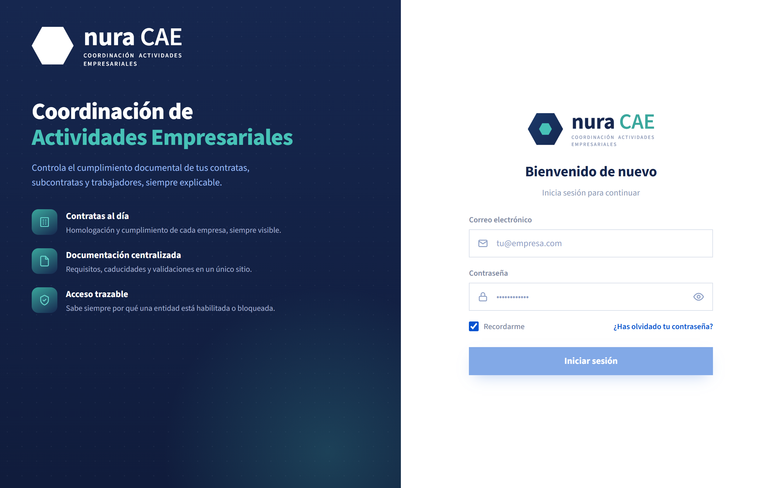 Portal de proveedores de Nura CAE con la ficha de la contrata y su documentación